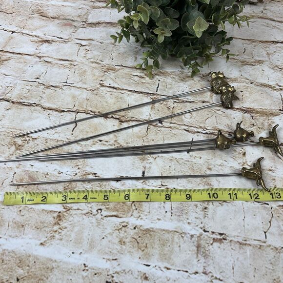 Set of 6 Vintage Brass Top Animal Shape Shish Kabob Skewers Stainless Steel - Picture 3 of 3